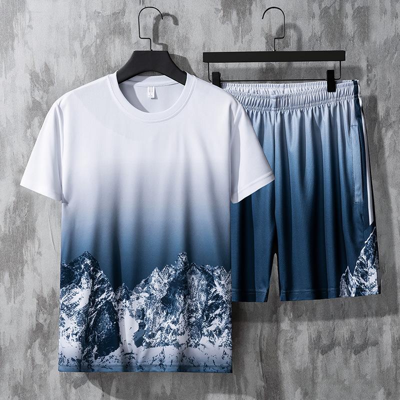 Комплект мужская летняя футболка из ледяного шелка с градиентом и короткими рукавами мужские повседневные шорты спортивный комплект из двух предметов красивая мужская одежда