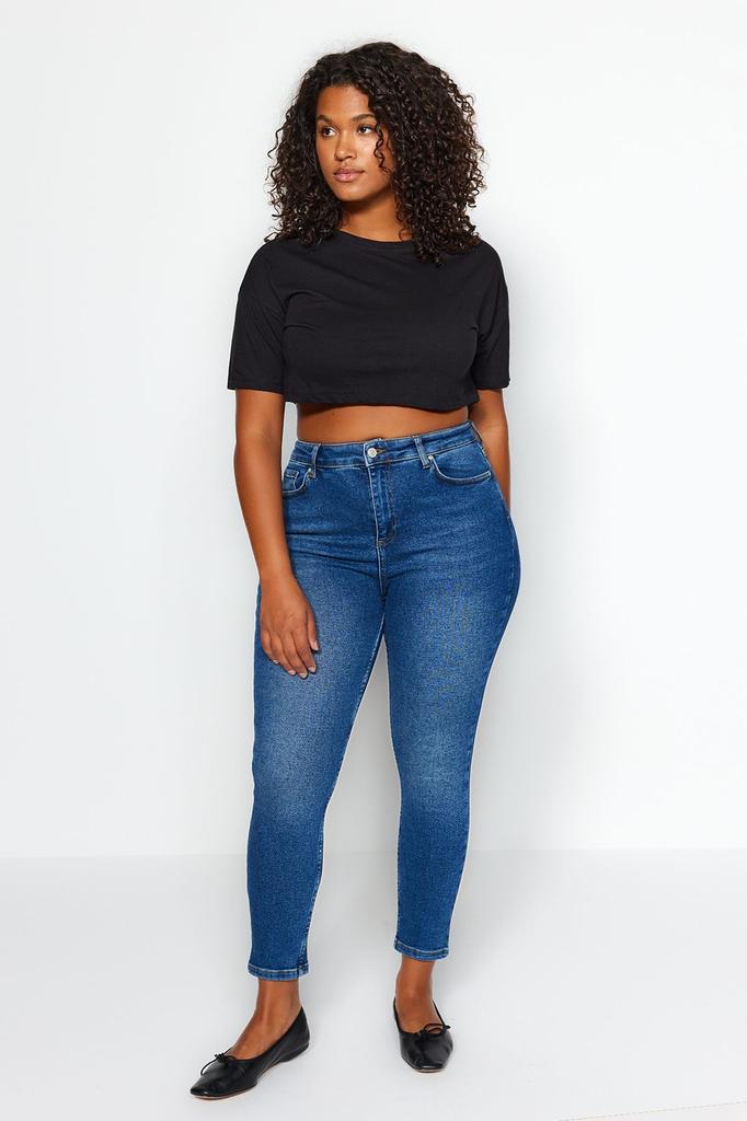 Женский стиль, большие размеры, темно-синие эластичные джинсы скинни с высокой талией