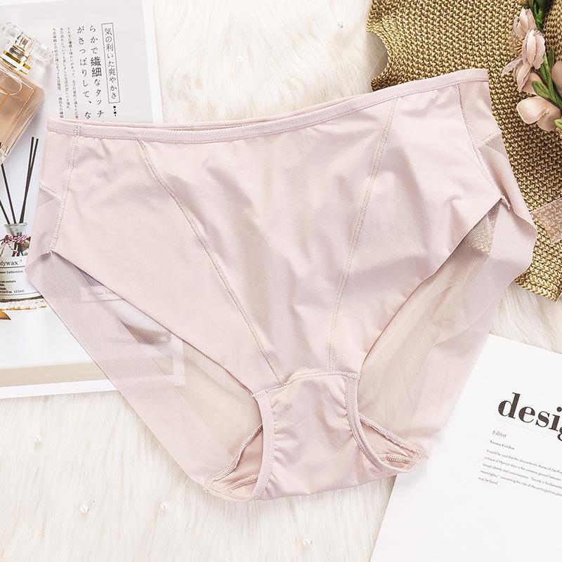 «Женские бесшовные сетчатые трусы Ice Silk со средней посадкой»: Дышащие, сексуальные и удобные, с промежностью из чистого хлопка».