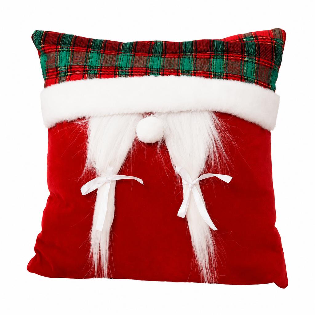 Santa Hat Christmas Eco-Friendly Durable Red Velvet Plaid Throw Pillow Case with Faux Fur Braids Holiday Decor for Couch