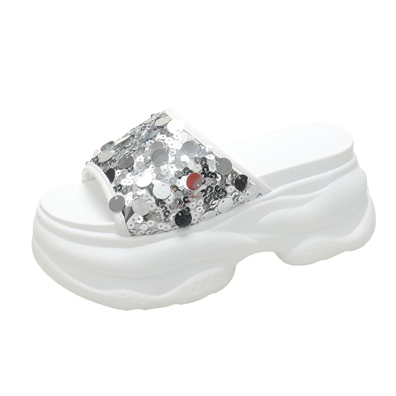 Модные 8 см нескользящие туфли-мюли на высокой платформе со стразами, женские новые летние сандалии, женские фирменные дизайнерские блестящие тапочки на танкетке