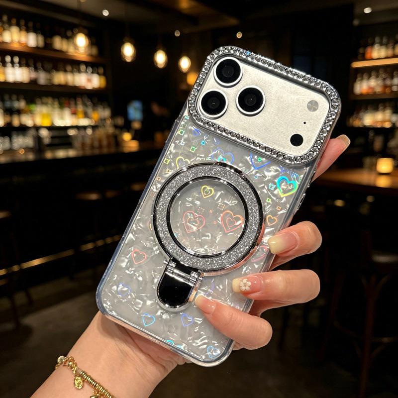 Чехол-сердечко с блестками и лазерной подставкой для iPhone 17 Pro Max Женский