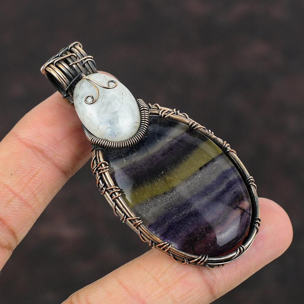 Multi Fluorite Pendant Copper Wire Wrapped Pendant Rainbow Moonstone Copper Jewelry Handmade Gemstone Jewelry Gift For Mom Wire Wrap Jewelry
