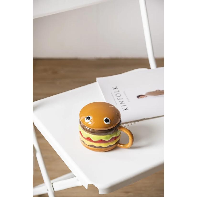 300ML Coffee Mugs Creative Hamburger Shaped Water Cup with Lid Cute and Cute Breakfast Cup Large Capacity Ceramic Hamburger Mug