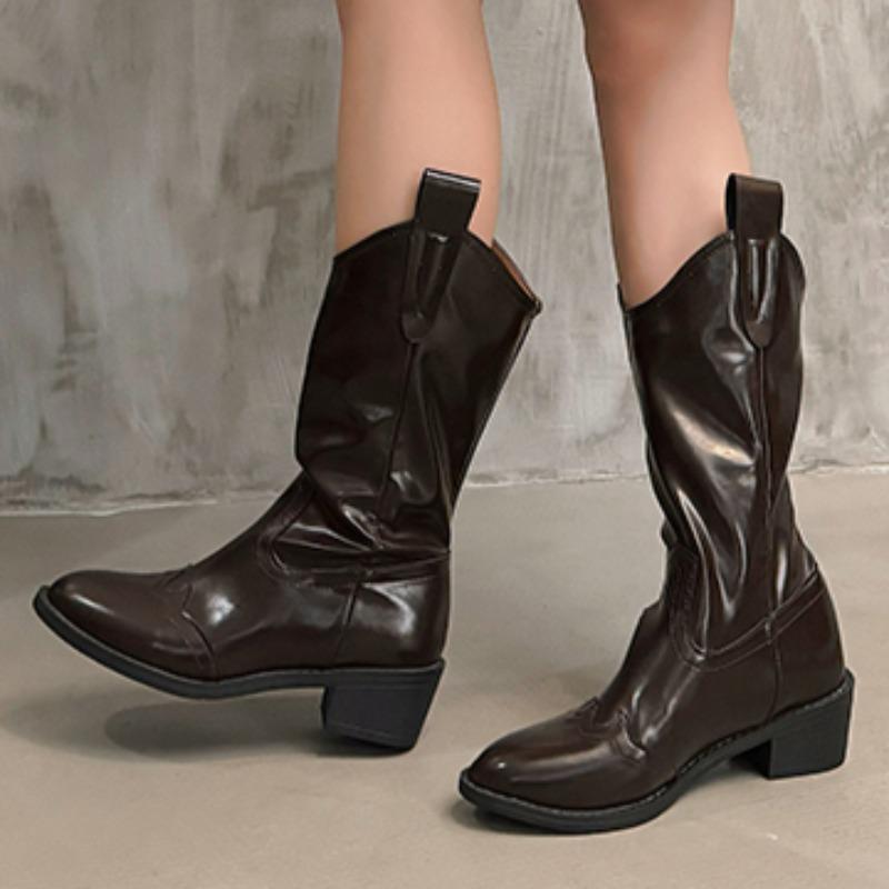 Остроносые женские высокие сапоги дизайнерские массивные кожаные туфли зима 2025 тренд готические туфли-лодочки модные туфли до середины голени челси женские ботинки