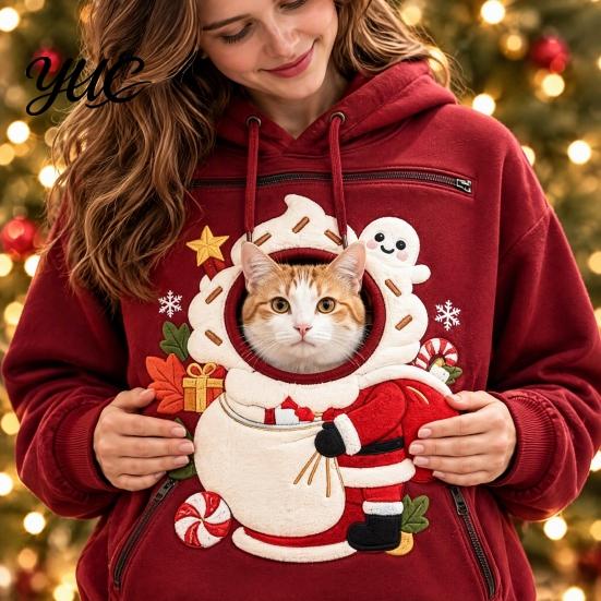 Cat Carrying Sweatshirt Unisex Pet Pouch Christmas Hoodie, Cute Dog Carrier Hooded with Cozy Fleece Pocket Graphic, Lined Animal Holder Pullover Top