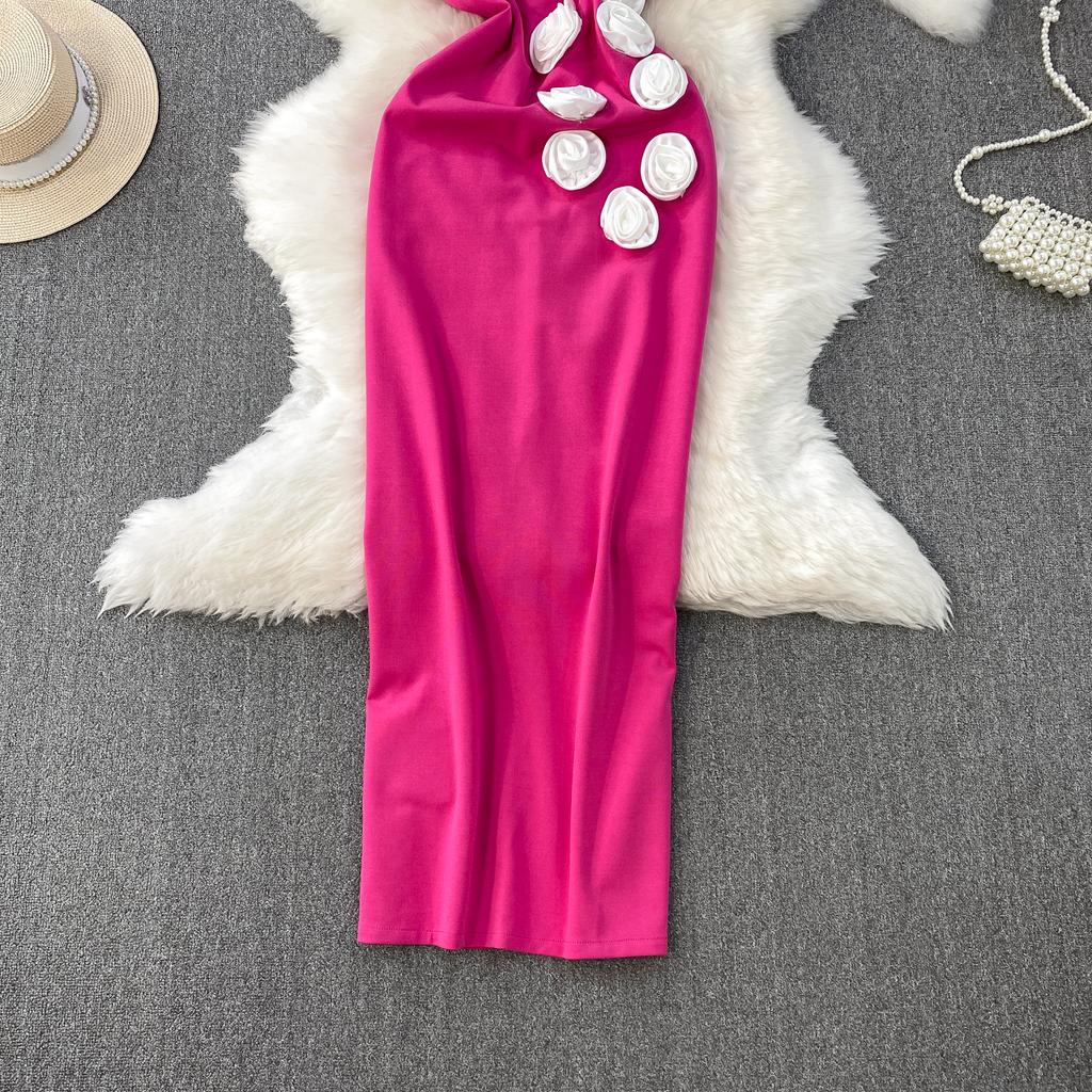 Французский темперамент Трехмерный цветок V-образный вырез Накладка на грудь Платье Женское Летнее Новое Приталенное и облегающее бедра платье с разрезом