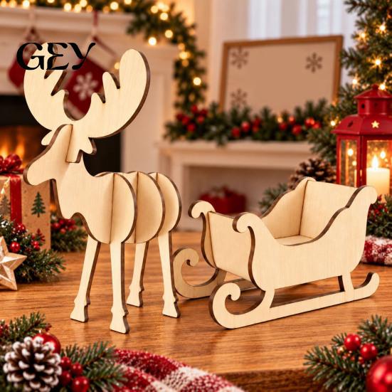 DIY Unfinished Elk Sleigh Decor Wooden Christmas and Tabletop Ornament, Wood Art Craft Festive And Model for Holiday Decoration, Creative Paintable