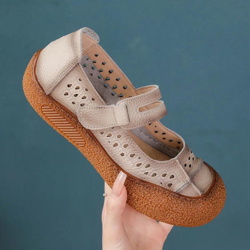 Женские удобные балетки из натуральной кожи с перфорацией, туфли Мэри Джейн, модные, легкие, мягкие, на липучке, туфли медсестры, женские мокасины с ремешком