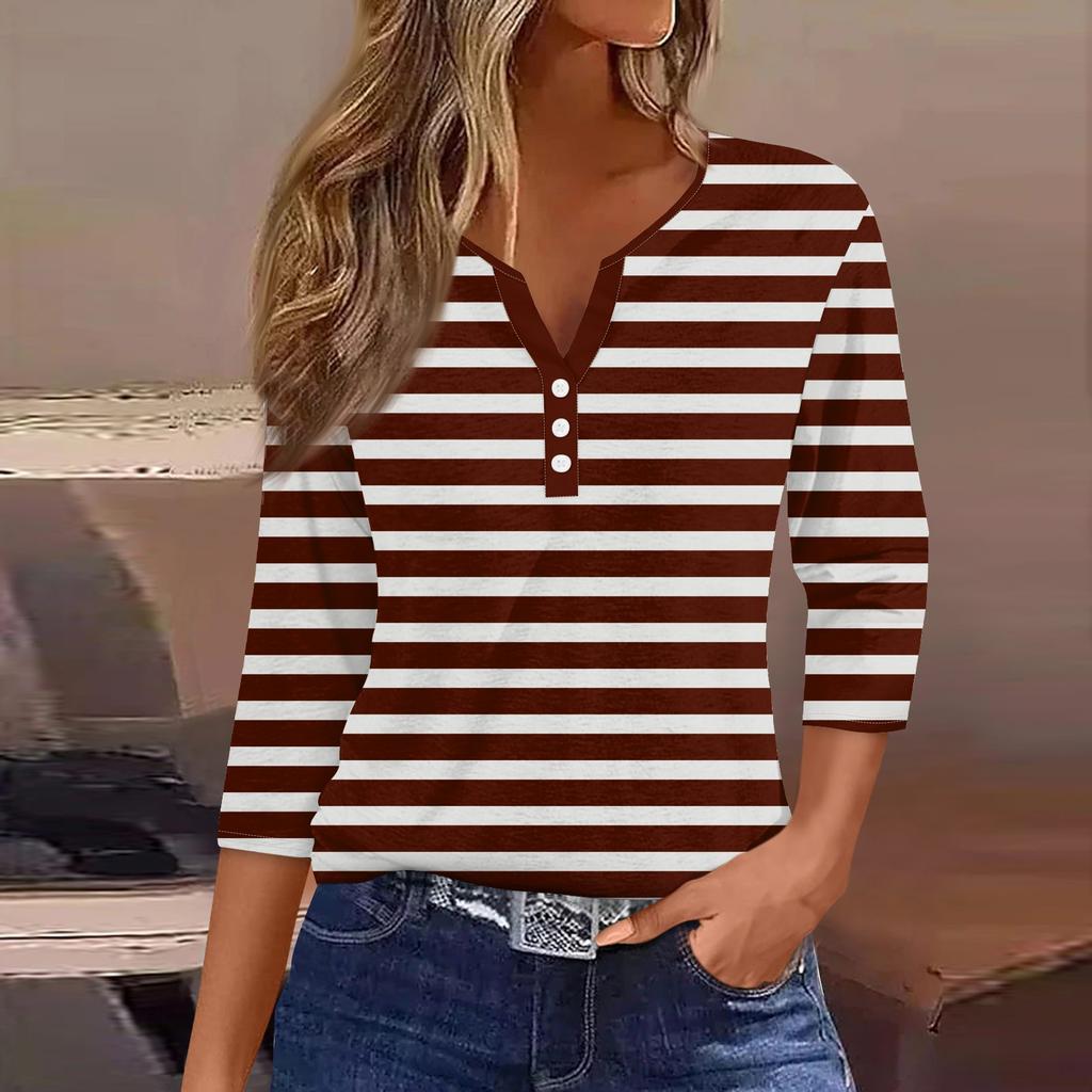 Жен. Футболка Футболка С принтом Пуговицы Рукав 3/4Ежедневно Выходные Мода Классический Топ с v-образным вырезом Обычный