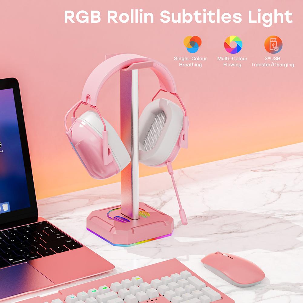 RGB Игровая подставка для наушников Накладные наушники Настольный кронштейн Подставка для дисплея наушников для настольного компьютера Светящаяся с 3 USB-портами