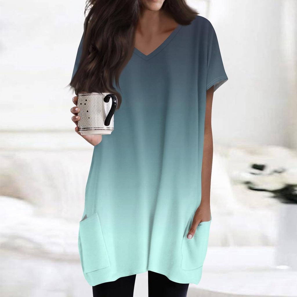 Женские топы с V-образным вырезом, блузки с коротким рукавом, повседневные рубашки средней длины, модные туники с принтом и карманами