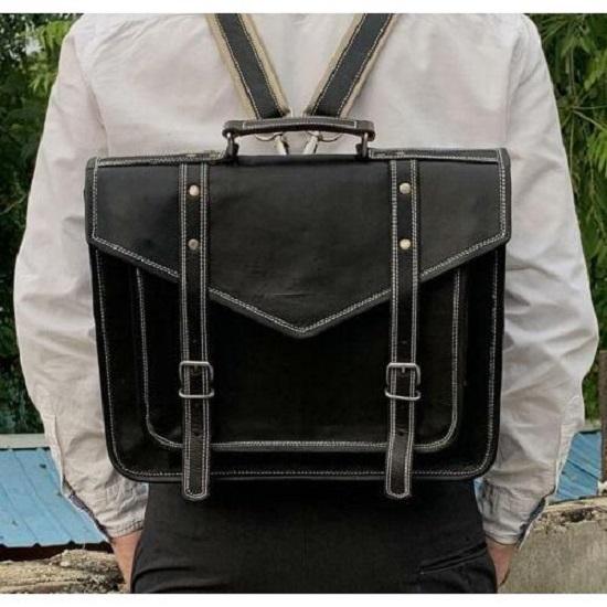 Vintage Black Leather Messenger Satchel Briefcase Shoulder Office Bag Backpack