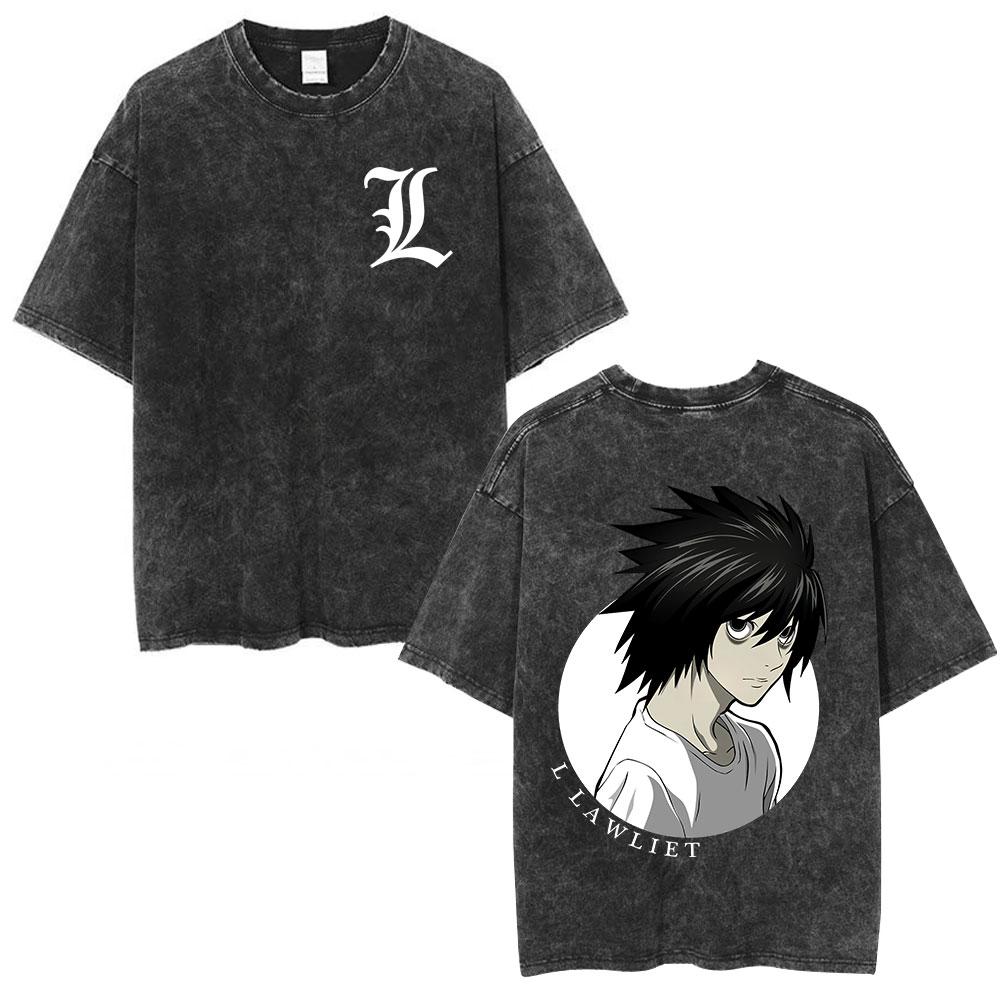 Винтажная стираная аниме манга Т-shirt с логотипом Death Note Мужская Женская Печатная футболка Летняя Повседневная Модная одежда Топы Высокое качество Streetwear