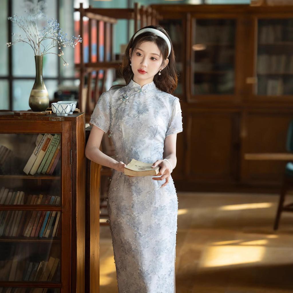 Literary and fresh improved cheongsam women's retro printing national style young new Chinese floral dress daily blue