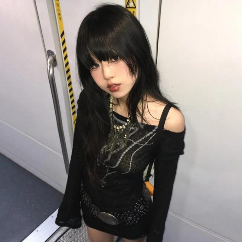 2KWEIRD Японские вязаные топы Y2k Гранж принт тату Футболка с длинным рукавом В рубчик Винтаж Харадзюку Трикотаж с присборками 2000-е Готика