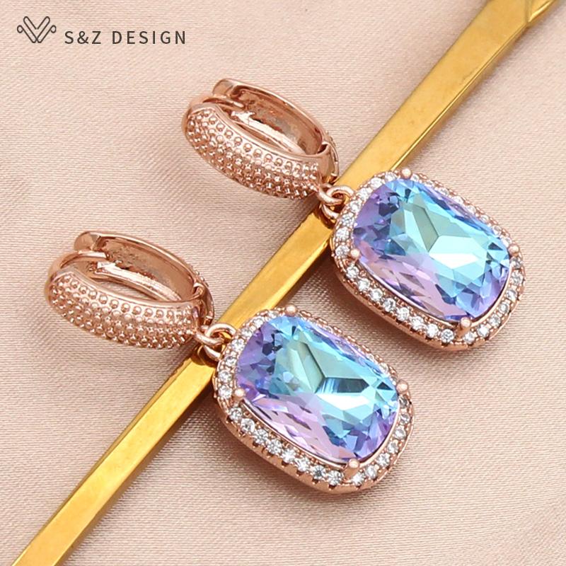 Fashion Luxury Rectangle Crystal Drop Earrings For Women Wedding Jewelry Rose Gold Color Zirconia Eardrop