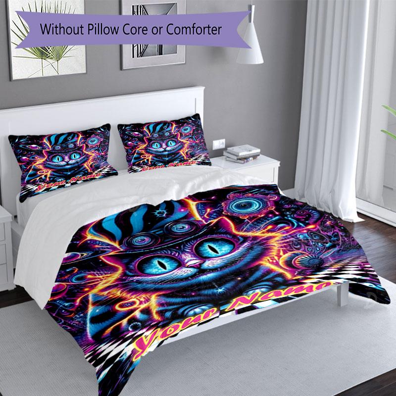 3pcs Custom Name Psychedelic Cat Dreamscape Bedding Set Printed Bedding Set Duvet Cover Closure Includes 1 Duvet Cover & 2 Pillowcases Bedroom Decor