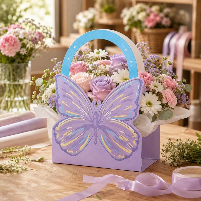 Butterfly Bouquet Packaging Box Set of 5 with Carry Handle, Gift-Ready Flower Box for Birthdays and Anniversary Display