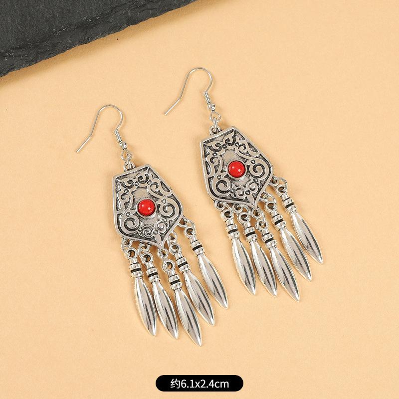 Vintage Miao Silver Fringed Earrings with Turquoise Long Indian Bohemian Earrings Exotic Earrings