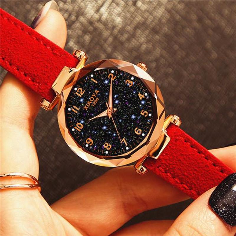 Women Luxury Watch Personality Romantic Luminous Starry Sky Wristwatch Leather Rhinestone Watch