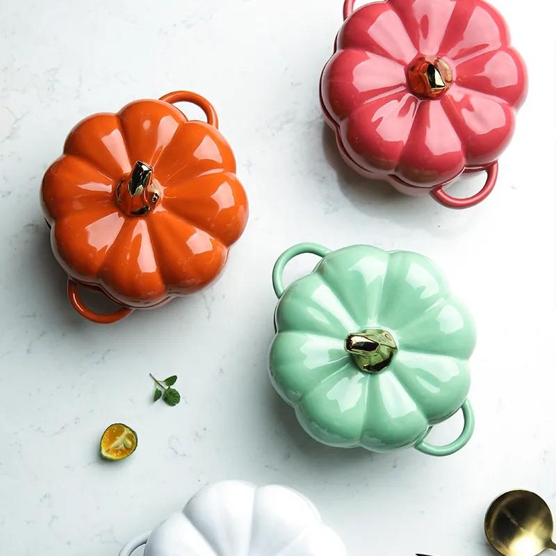 Pumpkin Bowl Soup Cup with Lid Baking Bowl Ceramic Rice Bowl Baking Tableware Dessert Bowl Soup Bowl Ceramic Tableware