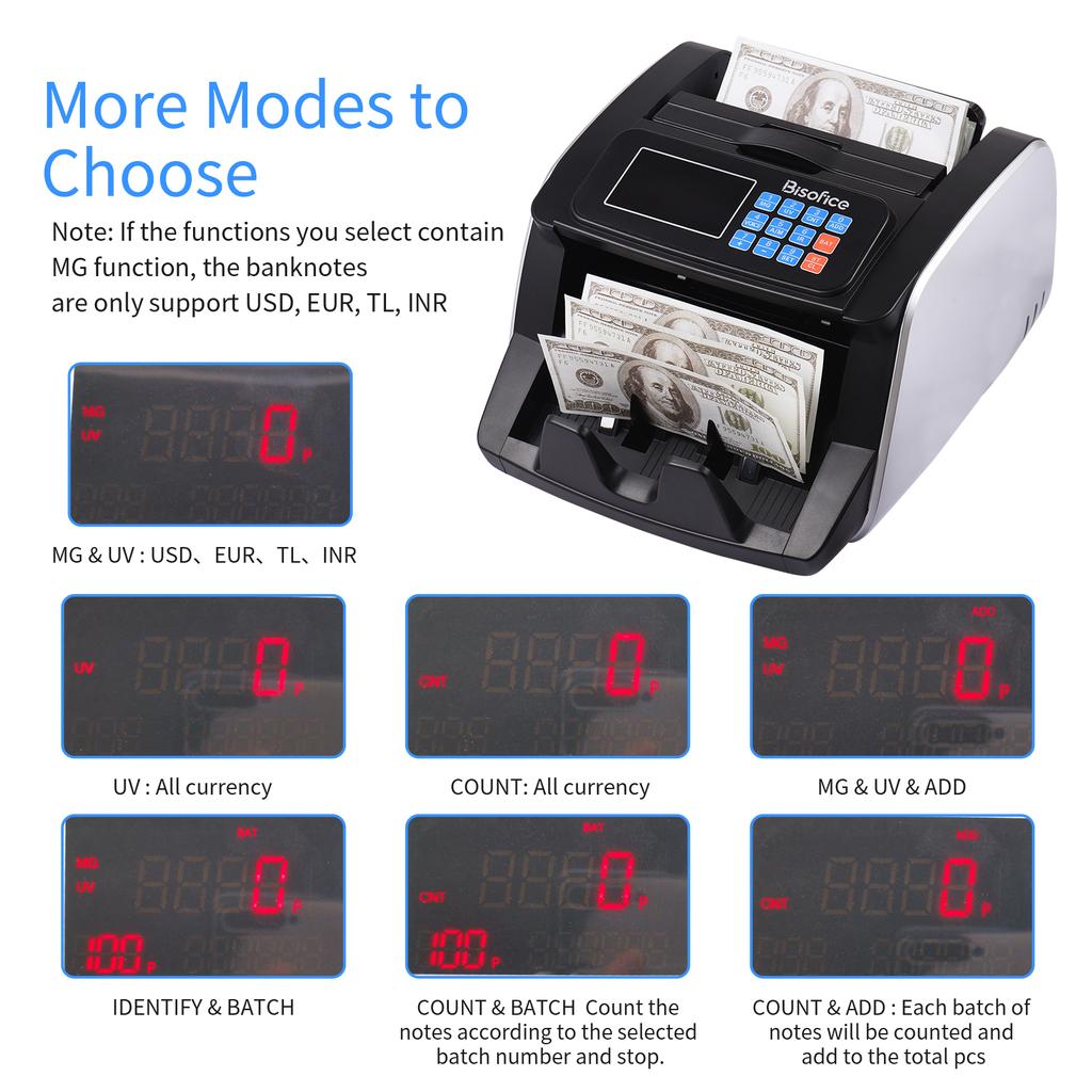 Bisofice Money Counter Machine Counterfeit Bill Detector Automatic Money Detection Top Loading Bill