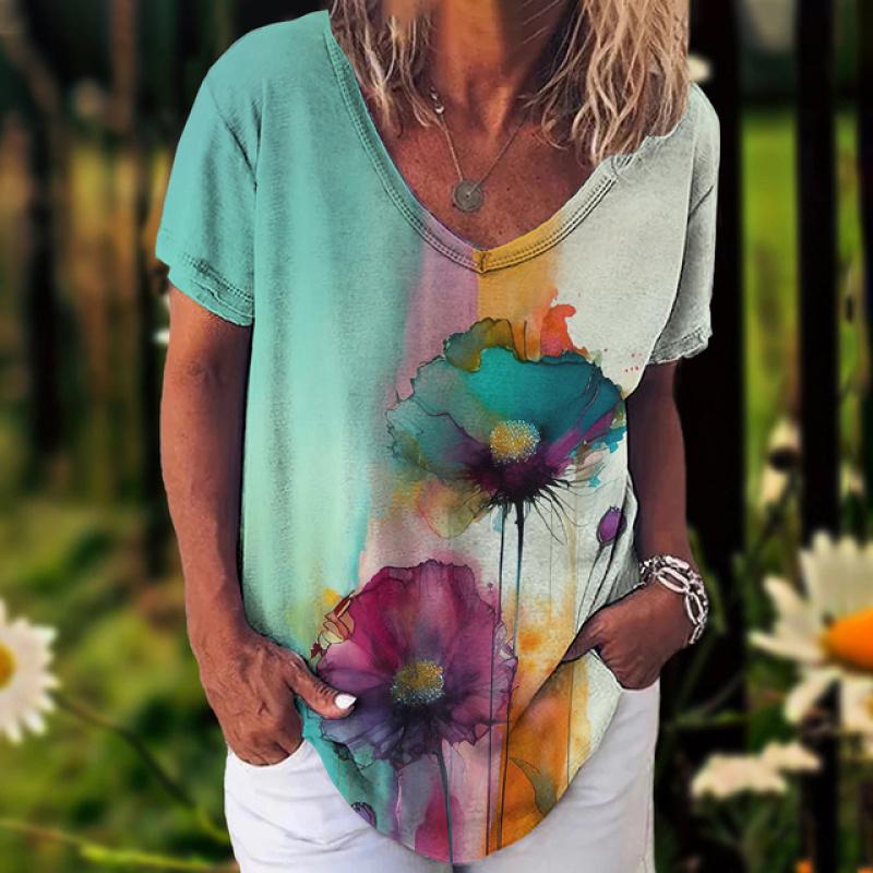 Fashion Women'S T-Shirt 3d Flowers Print Clothing V-Neck Short Sleeve Tops Summer Harajuku Ladies Pullover Oversized Female Tees