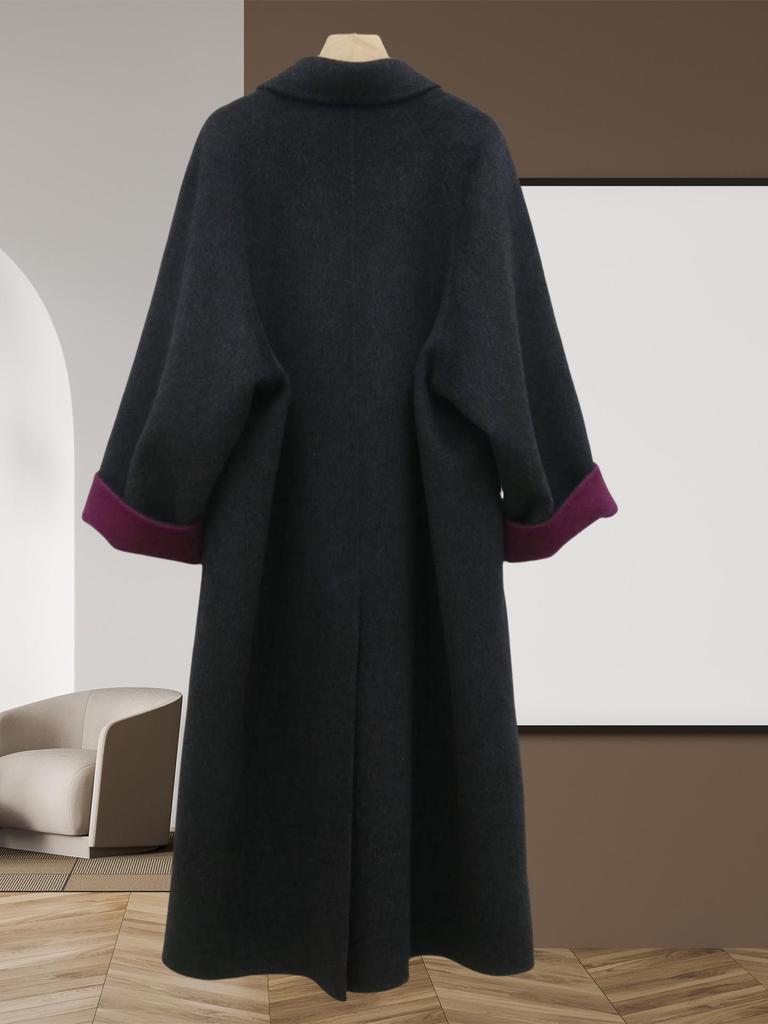 Двухцветное шерстяное пальто-кокон - Минималистичное, Высококачественное, Утепленное, Свободного кроя, Двустороннее