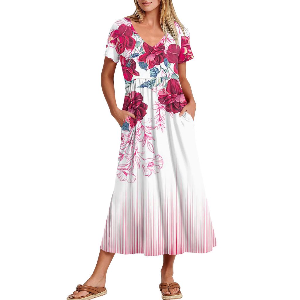 Women's Casual Dresses With Pockets, Flowing Maxi Skirt, Women's V Neck Short Sleeve Summer Maxi Dress