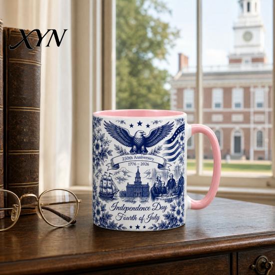 Independence Day Cup USA 250th Anniversary Blue Mug, Patriotic Ceramic Coffee with Heritage Eagle Flag Design, Gift for Veterans Men Women Durable
