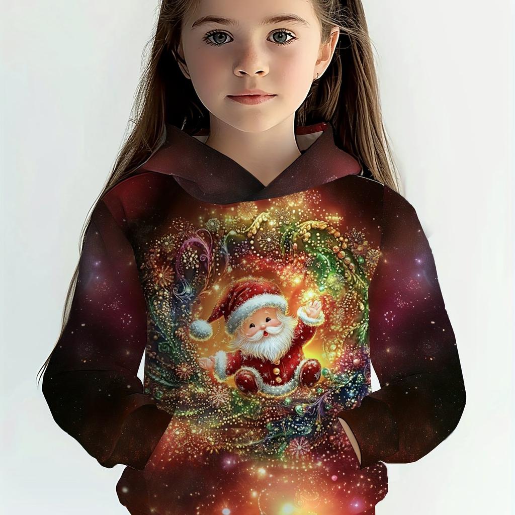 Детская одежда Толстовки с капюшоном для девочек с длинным рукавом 3D-мультяшный рождественский принт Детская весенне-осенняя одежда Повседневная милая уличная одежда для девочек