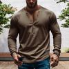 Men Spring Autumn Top Button Decor V Neck Long Sleeves Solid Color Pullover T-shirt Stretchy Slim Fit Fitness Sport Top