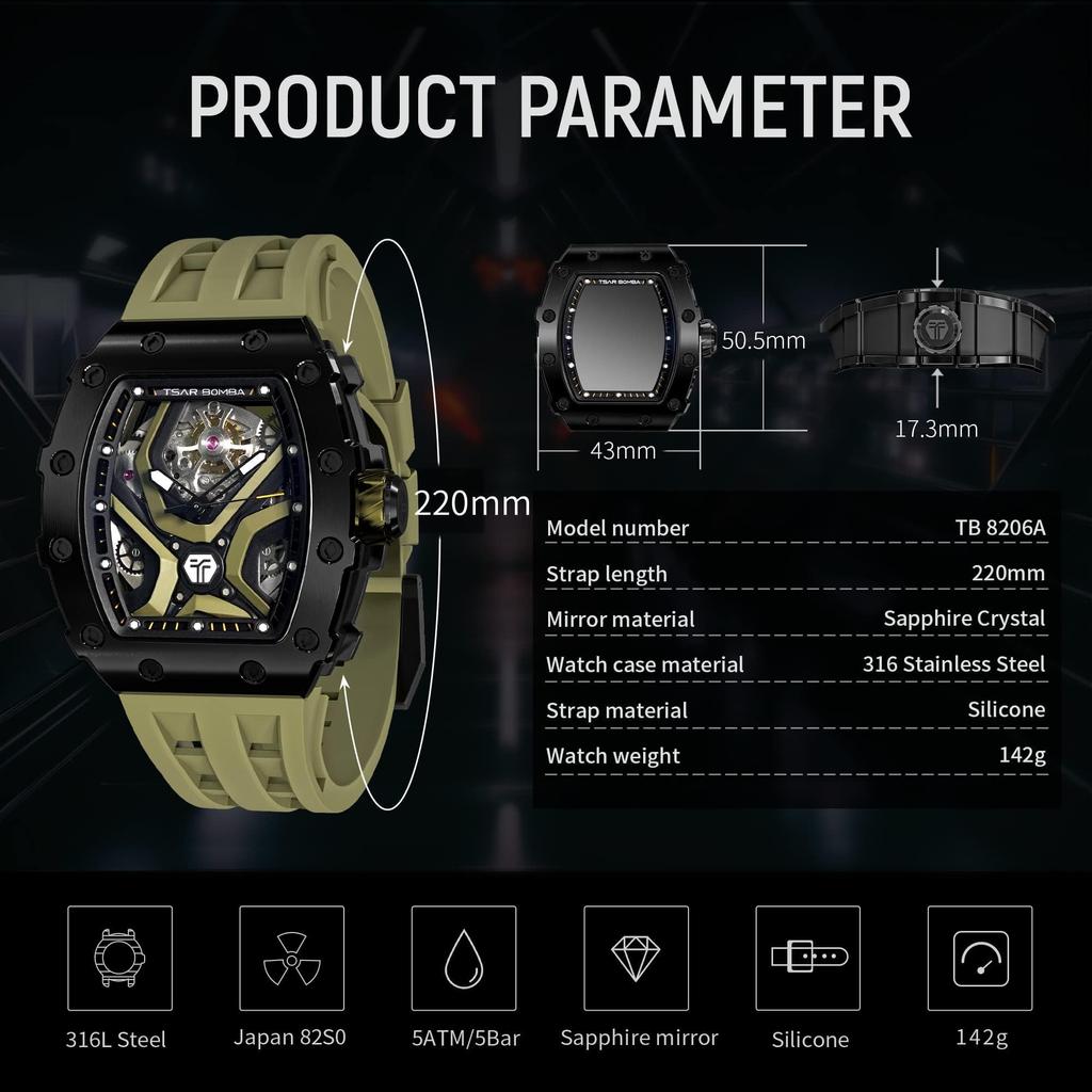 TSAR BOMBA Watch Business 50M Water Resistant Skeleton Watch Stylish Stainless Steel Tonneau Face Arm Watch for Men Luminous Japanese Movement Olive