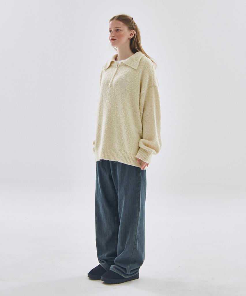 SOME PLACE Washable Half Heart Logo Embroidered Half-Zip Knit Oversized [Beige]