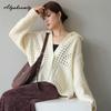 Korean Fashion Spring Autumn Women Knitted Cardigan Turn-Down Collar Knitting Oversized Coat Baggy Beige Hollow Out Outerwear With Pockets
