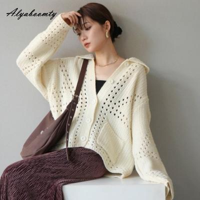 Корейская мода Весна Осень Женский вязаный кардиган Отложной воротник Вязание Оверсайз пальто Мешковатый Бежевый Ажурный Верхняя одежда с карманами