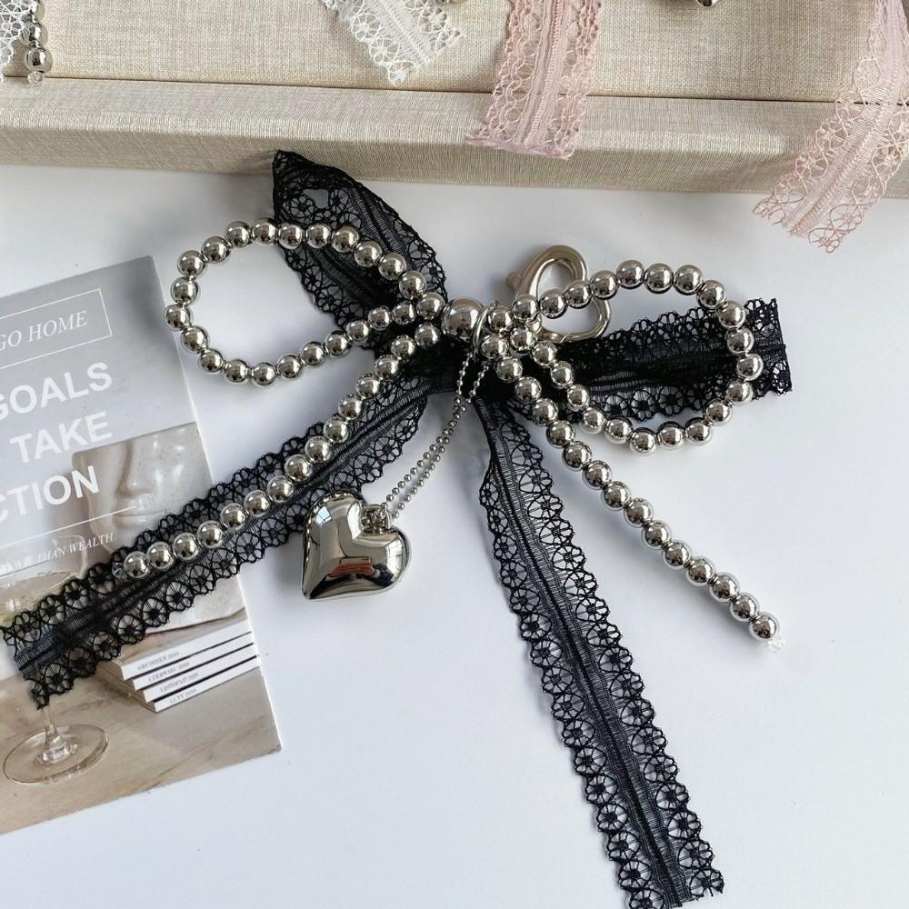 Sweet Lace Bowknot Keychain Imitation Pearls Beaded Pendant Keyring  Backpack Accessory