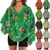 Women's Fashionable V-neck Christmas Printed Long Sleeved Casual Pullover Plush Warm Pocket Sweatshirt Top