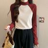 Осень Зима Новые Футболки Женские Футболки Имитация Нерка Контрастный Цвет Пэчворк Мода Повседневный Молодежный Длинный Рукав Теплые Базовые Топы
