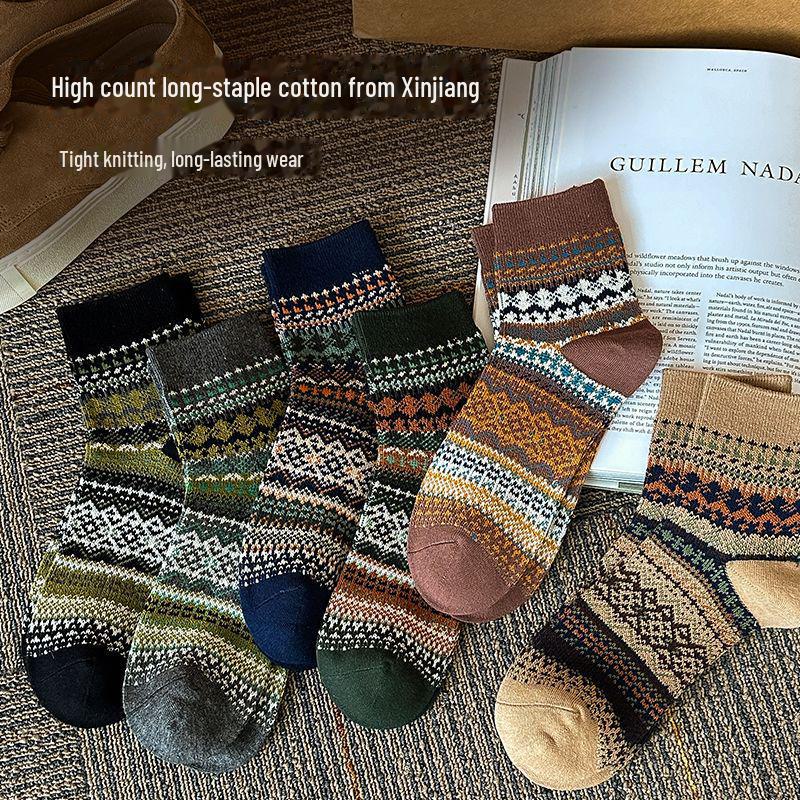 Мужские хлопковые носки средней длины в этническом стиле — толстые, двухспальные, идеально подходят для осени и зимы