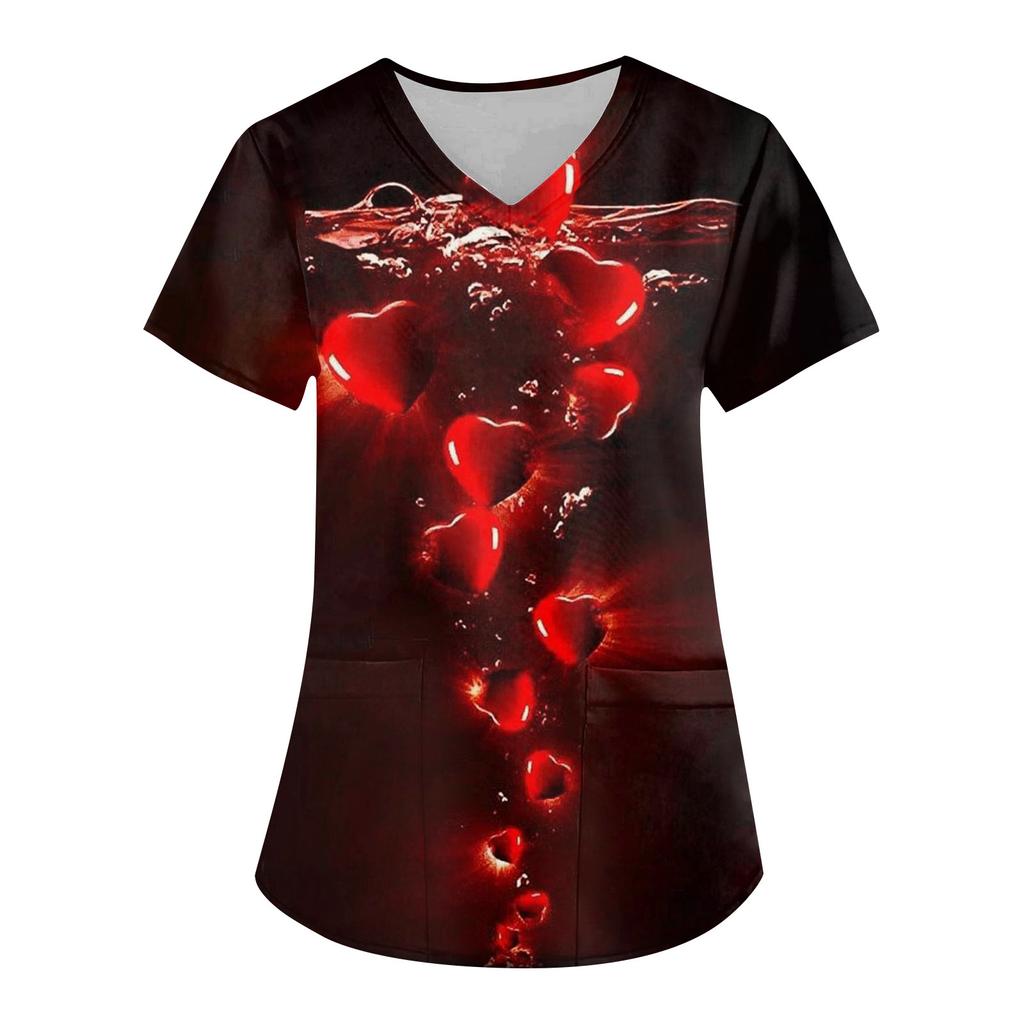 Женская модная рабочая одежда с v-образным вырезом, коротким рукавом и карманом с принтом ко Дню святого Валентина