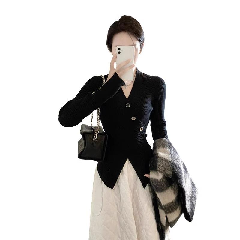 Женский шикарный вязаный облегающий топ с V-образным вырезом крест-накрест для зимы 2025