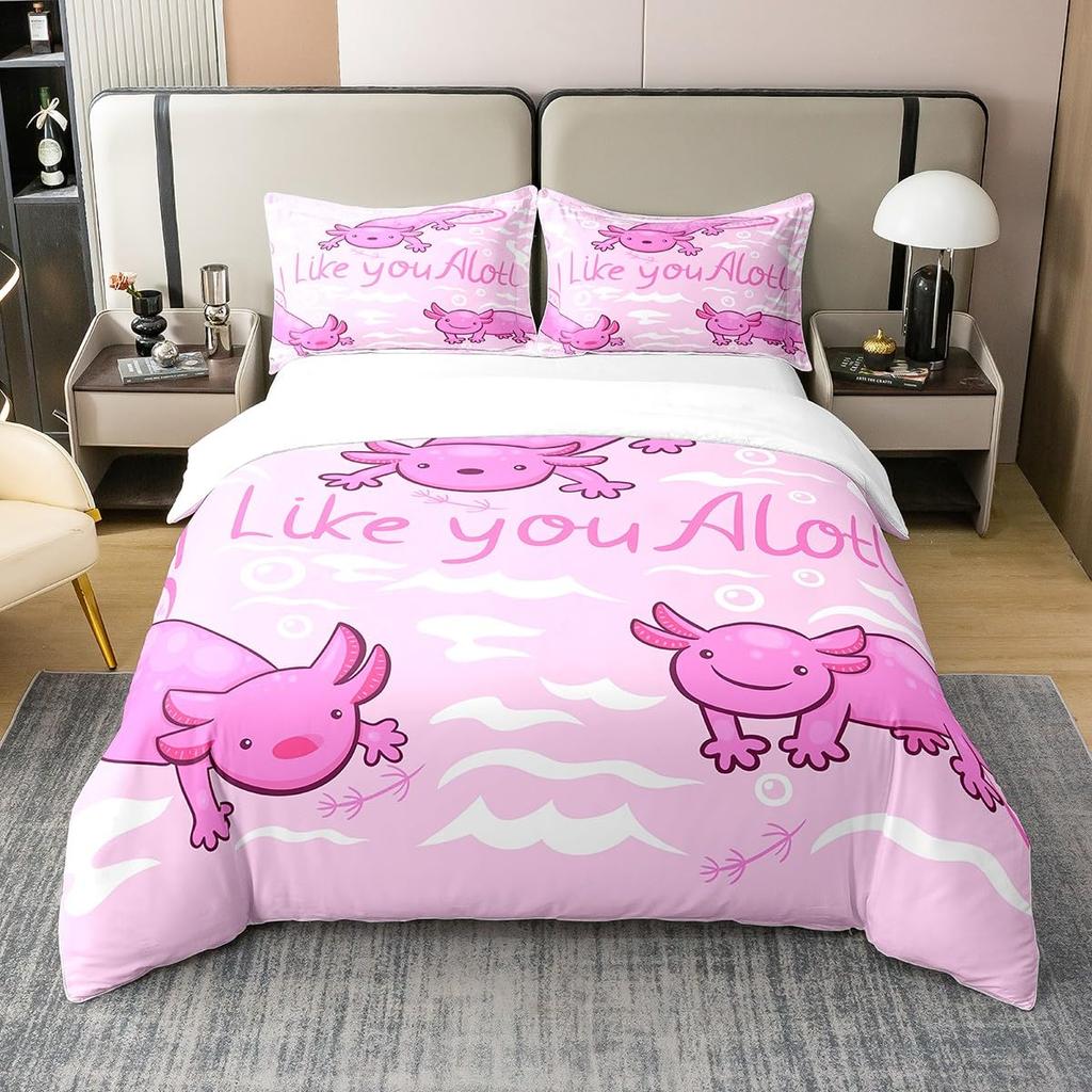 Cartoon Axolotl Bedding Set Twin Full Size Cute Ocean Animal Duvet Cover with 2 Pillow Sham Pink Comforter Cover Set Decorative