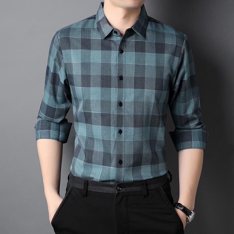 Middle-aged Men's Long-sleeved Shirt Spring and Autumn Trend Color Matching Striped Plaid Casual Shirt Business Shirt Men's Inch Shirt