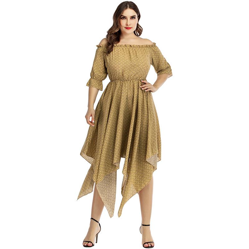 Плюс Размер Женщин Лето Новое Модное Повседневное Платье Одной Линии Вырез Открытые Плечи