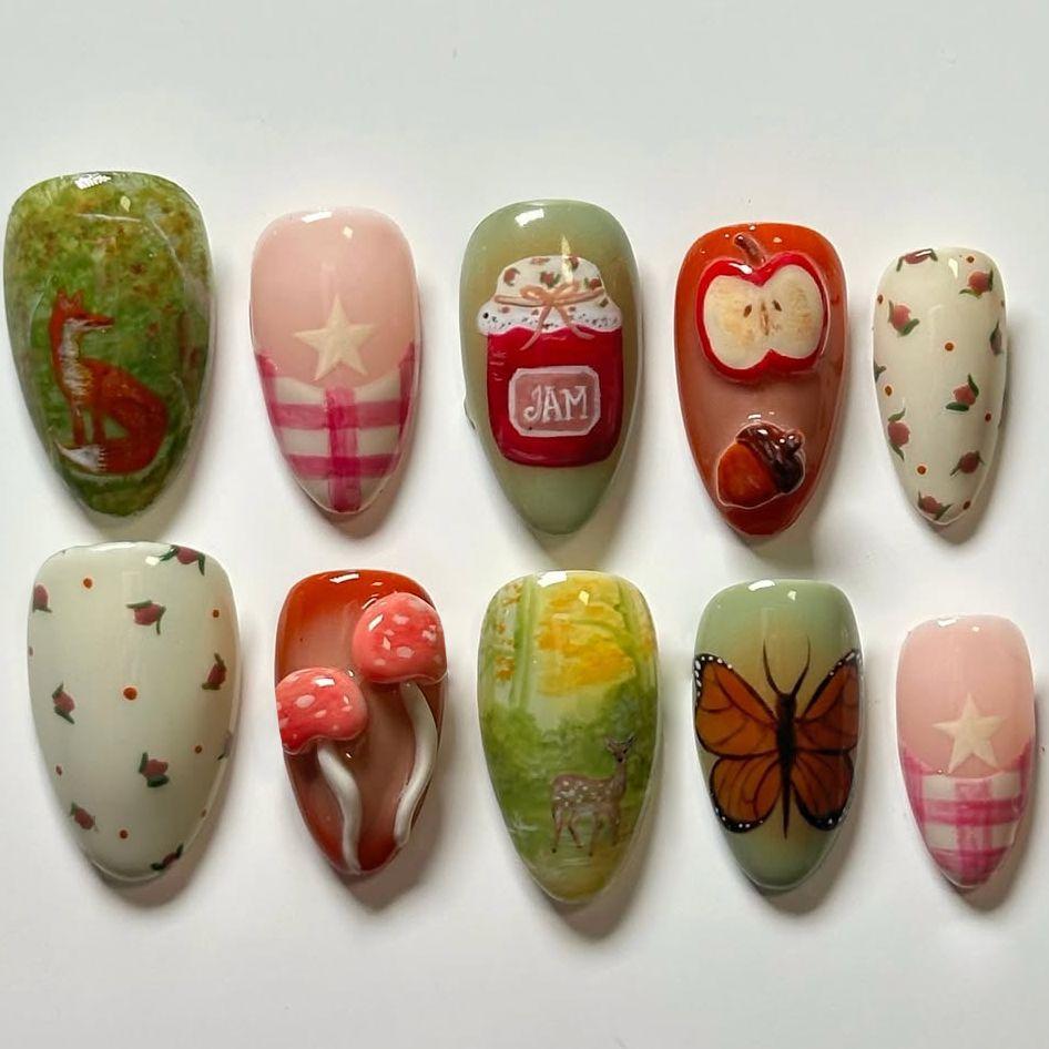 24Pcs Forest Adventure Press On Nails Short Almond Fake Nails With Fox Mushroom Butterfly Apple Designs For Women