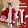 Women's Hooded Cape Coat with Faux Otter Fur Collar – Snowflake Jacquard Winter Outerwear