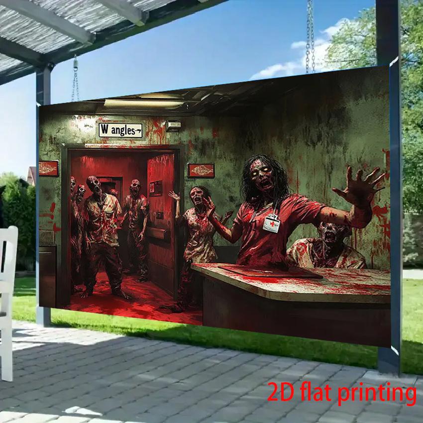 2D flat banner 1 piece 1 zombie hospital-themed background banner - blood-red and green fabric party decorationzyc