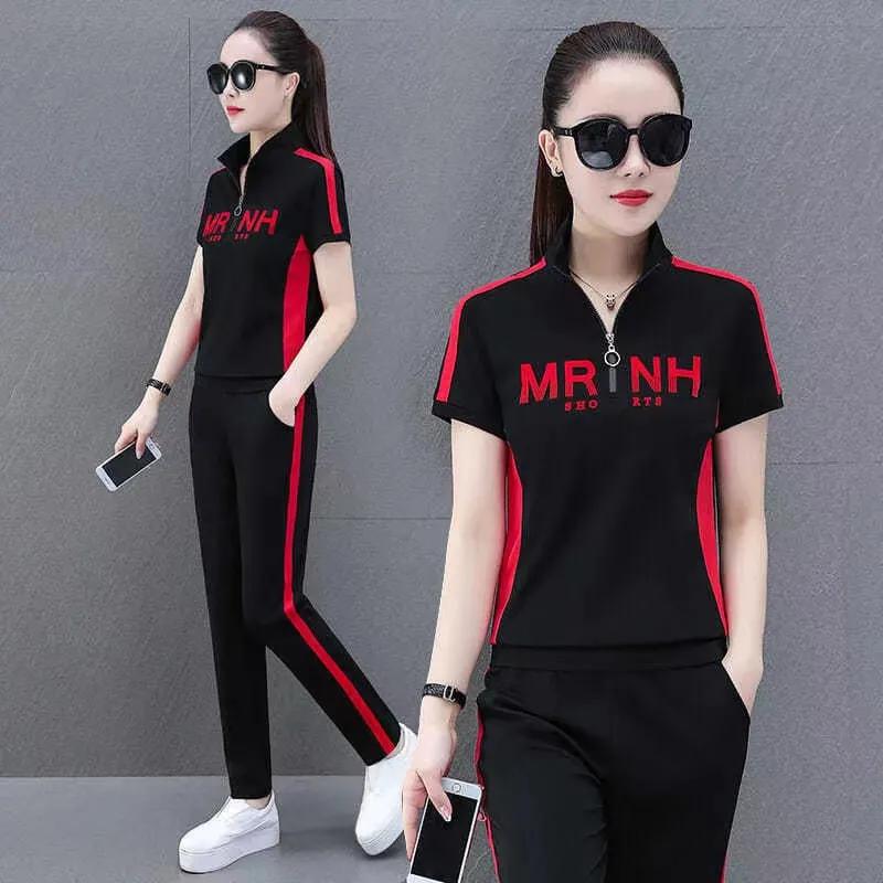 Женский летний спортивный костюм больших размеров, облегающий, с воротником-стойкой, с коротким рукавом, толстовка + брюки, повседневный комплект из двух предметов